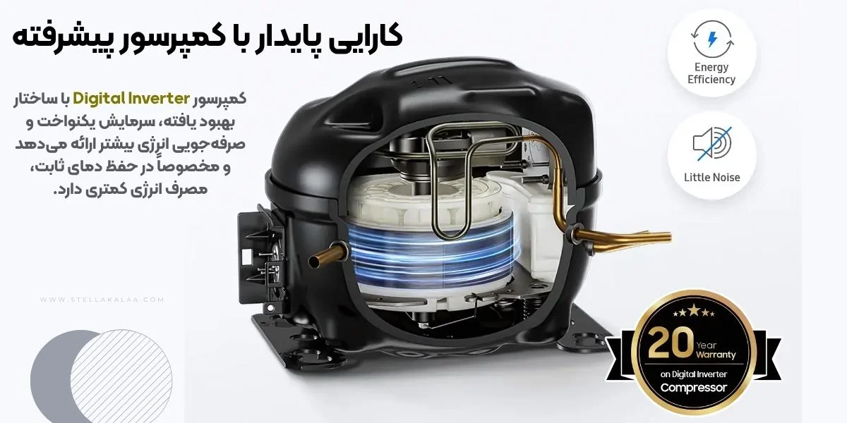 کمپرسور دیجیتال اینورتر با کارایی بالا یخچال فریزر سامسونگ مدل rf65