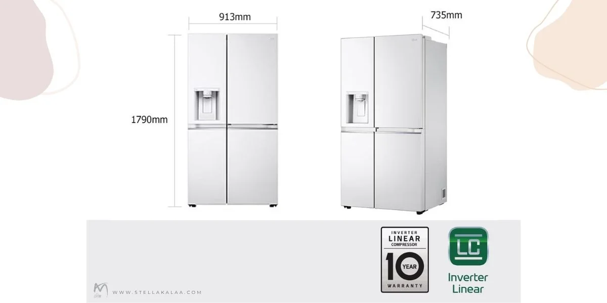 ابعاد یخچال فریزر الجی مدل j287 و کمپرسور اینورتر خطی (Inverter Linear Compressor)