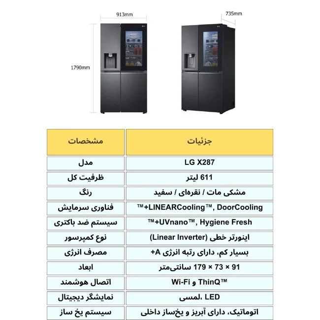 مشخصات فنی یخچال ساید بای ساید ال جی مدل X287